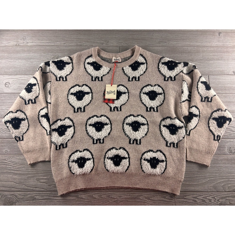 Woolrich x Target Sheep Pattern Crewneck Sweater Taupe Beige Boucle Large NEW